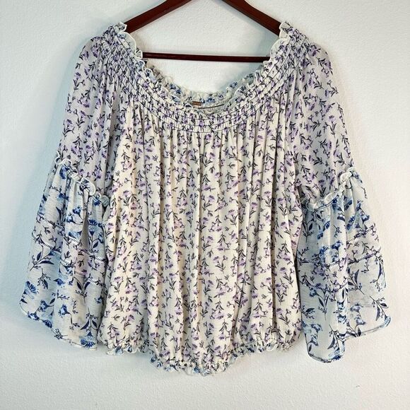 Free People Rose Valley Off the Shoulder Top Womens Medium Smocked Bell Sleeves - Picture 1 of 10